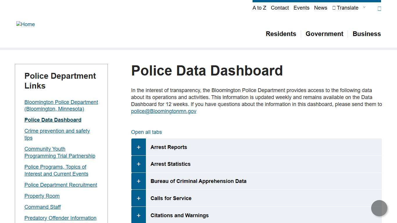 Police Data Dashboard City of Bloomington MN